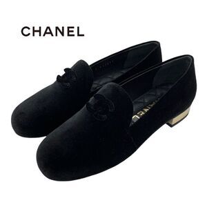 Chanel Loafers Leather Shoes Velvet Black Gold Unused Here Mark Flat Shoes